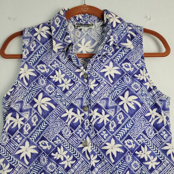Vtg Panhandle Slim sleeveless button up top sz S blue white palm trees vacation - Picture 2 of 7